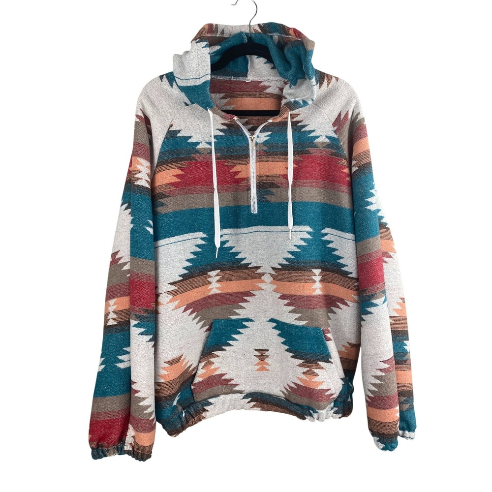 Women's Hoodie XL Southwestern Aztec Teal Rust Quarter Zip Pullover Cotton Blend